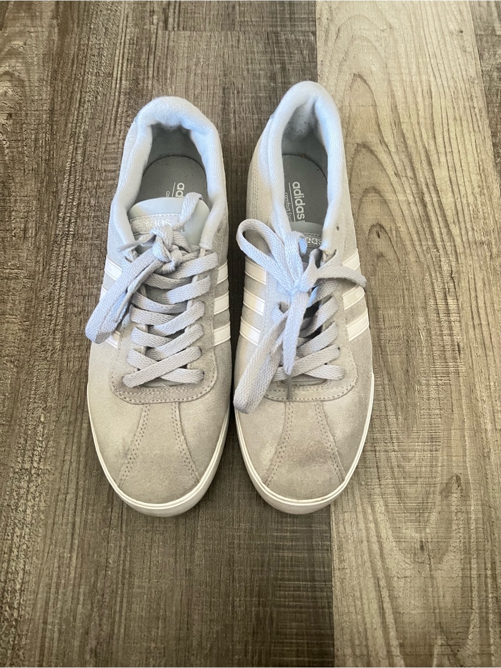 adidas Women’s Light Gray Suede Sneakers with White Stripes